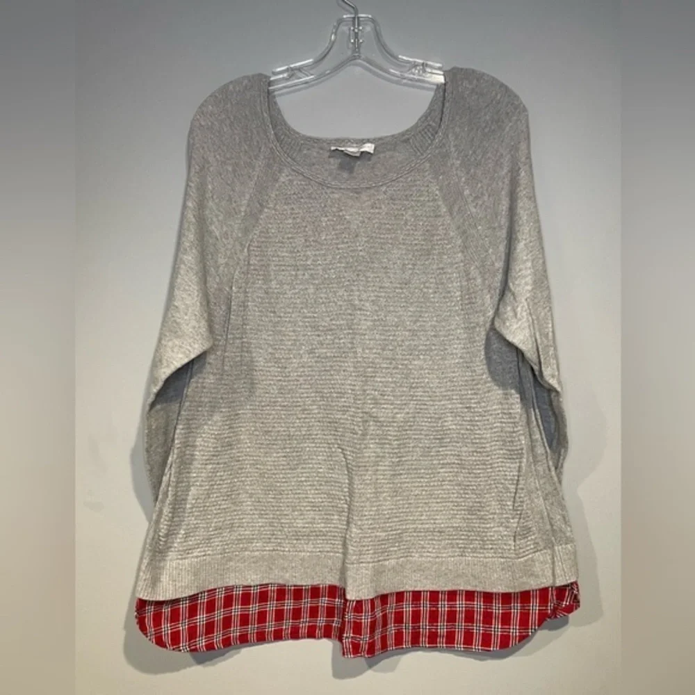 Christopher & Banks Grey Sweater Red plaid Holiday 100% Cotton Stretch Size XL
